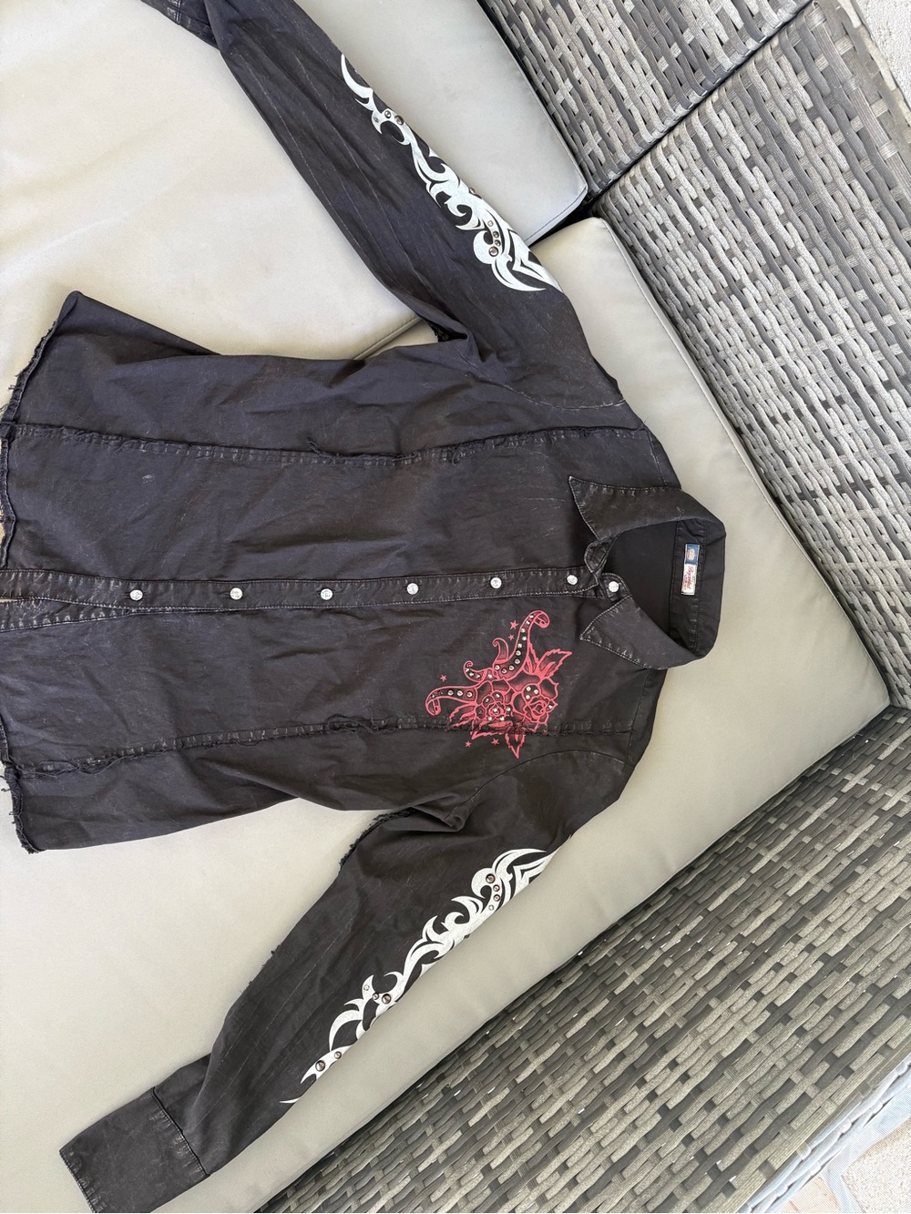Black Button-Down Women's Shirt with Red Embroidery